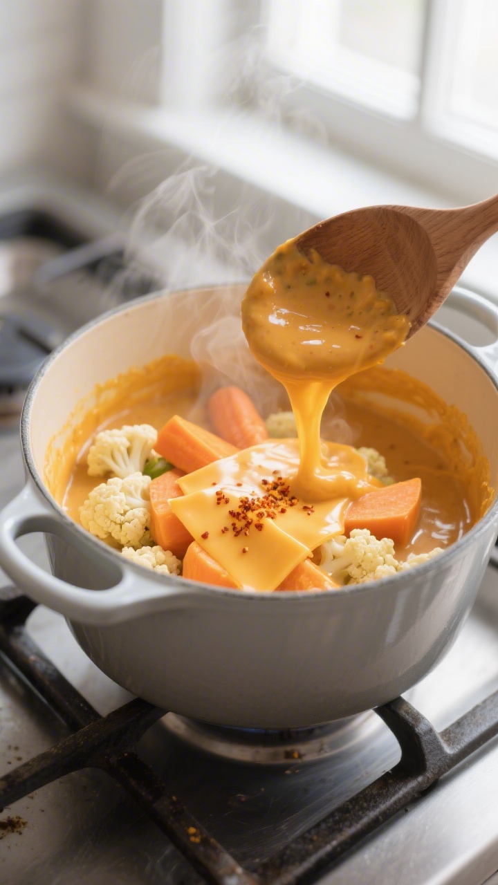 Cooking process close-up: Silky hidden veggie cheese sauce being stirred gently over low heat in a m