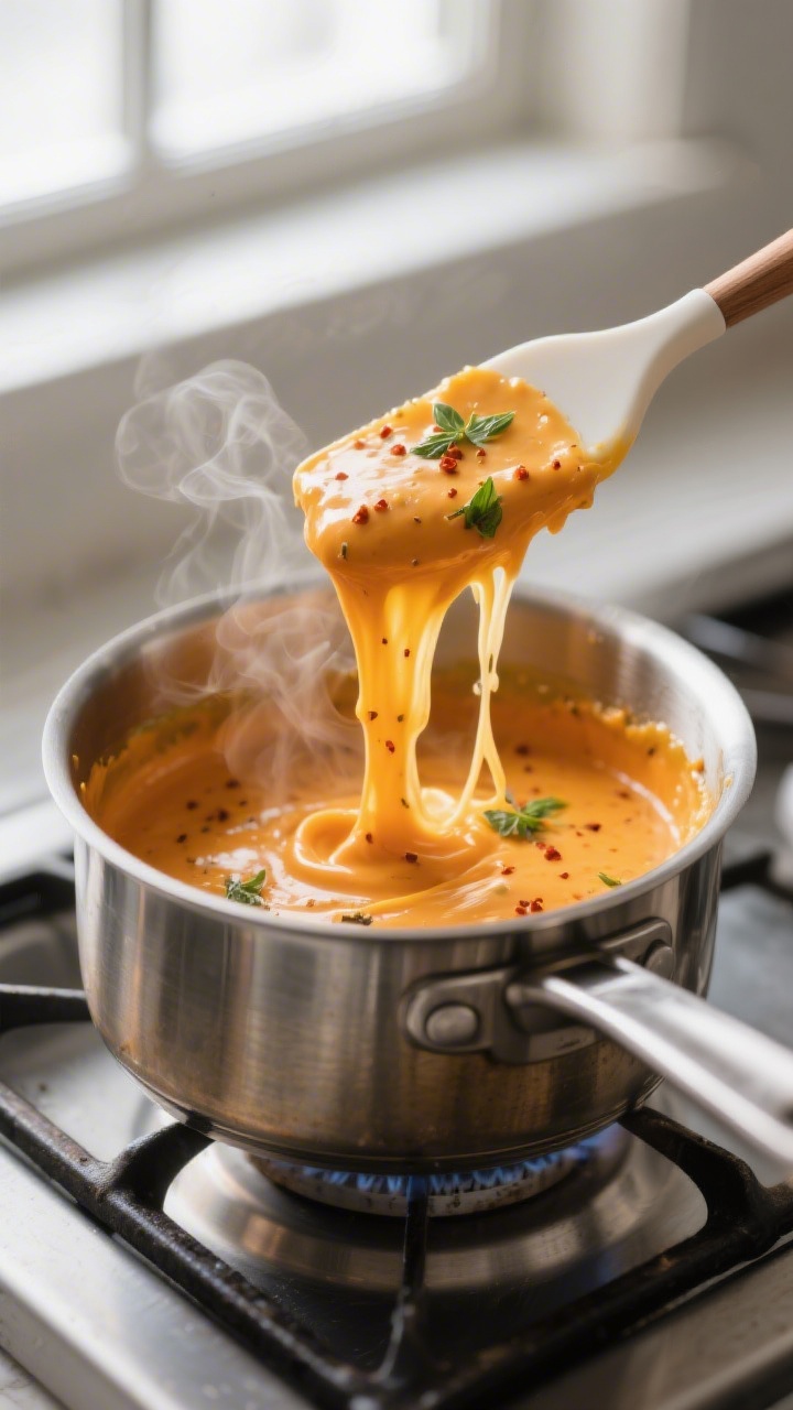 Cooking process close-up: Silky orange-gold veggie cheese sauce being stirred over low heat in a sma