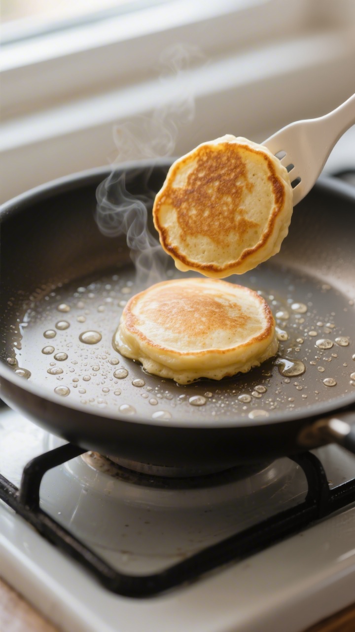 Cooking process close-up: Small, toddler-size banana pancakes sizzling on a lightly greased nonstick