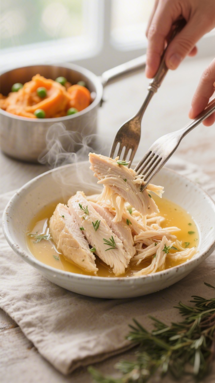 Cooking process close-up: Tender poached chicken breast being shredded into fine, soft strands with