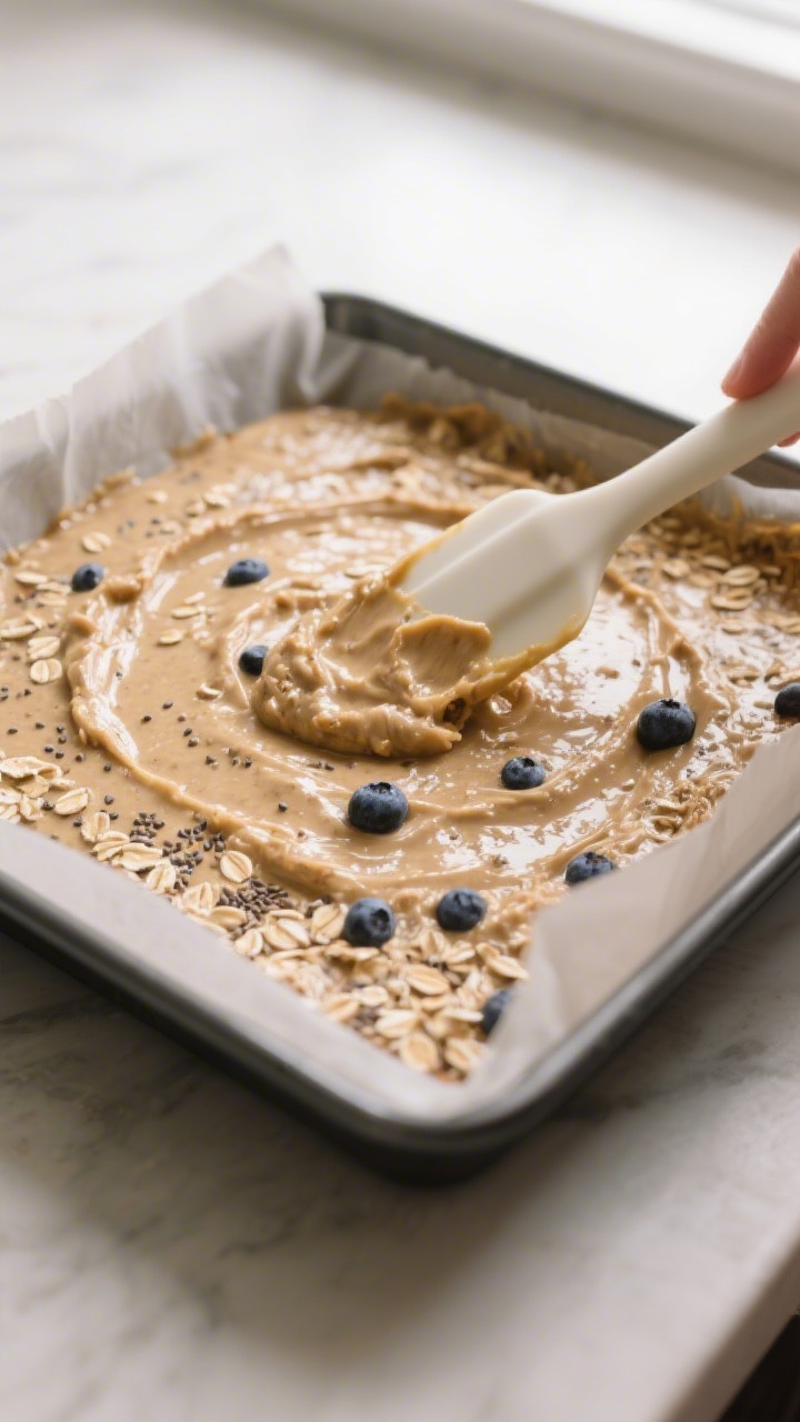 Cooking process close-up: Thick banana oat bar batter being spread evenly into a parchment-lined 8x8