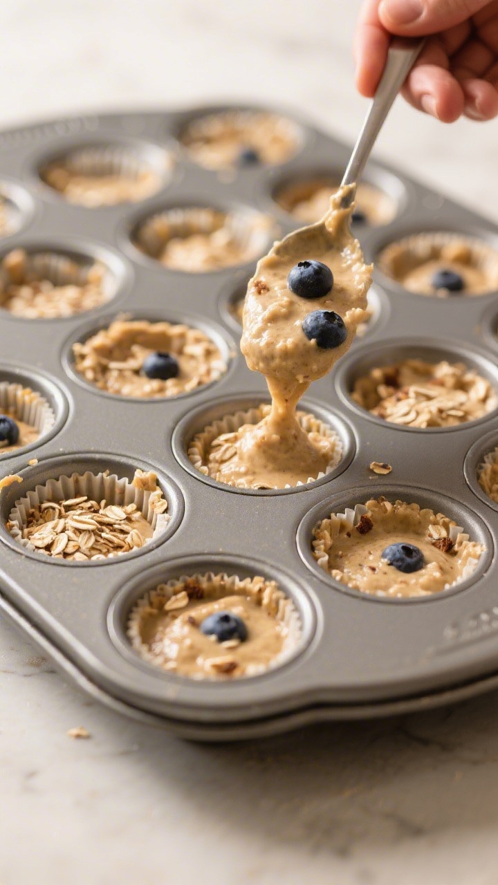 Cooking process close-up: Thick banana-oat muffin batter being spooned into a 24-cup mini muffin tin