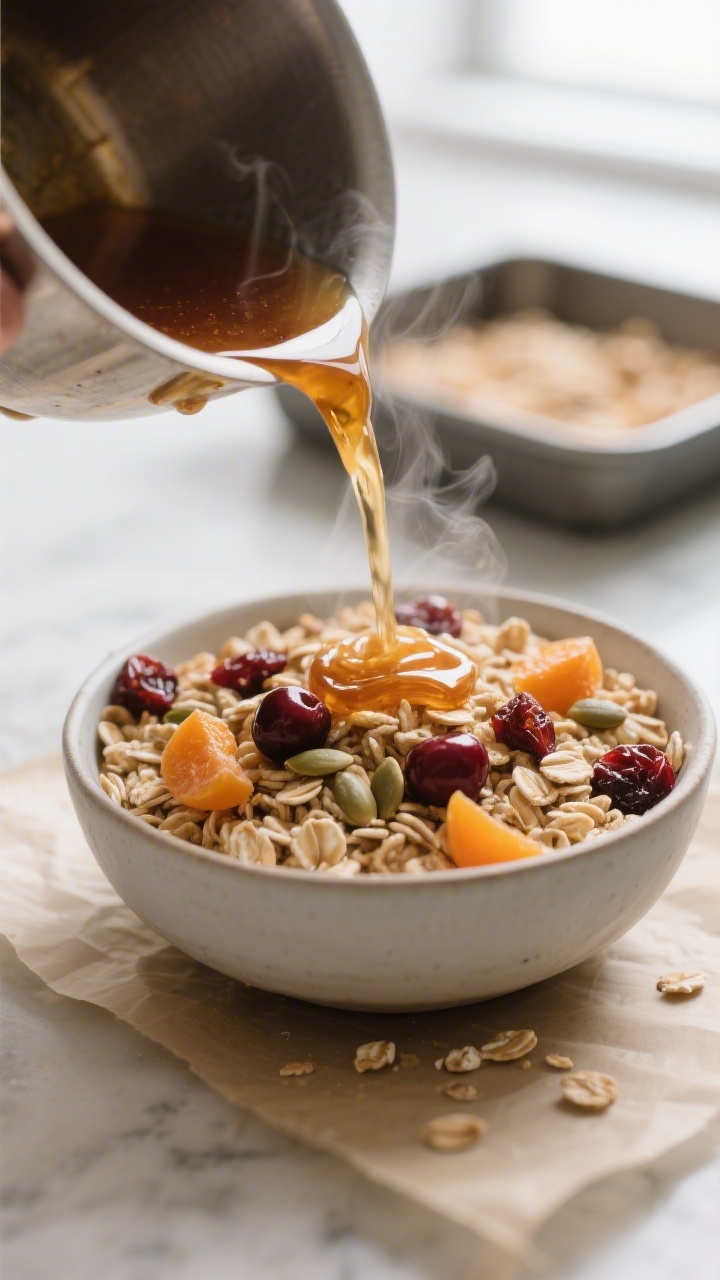 Cooking process close-up: Warm sticky syrup being poured over a bowl of toasted old-fashioned oats,