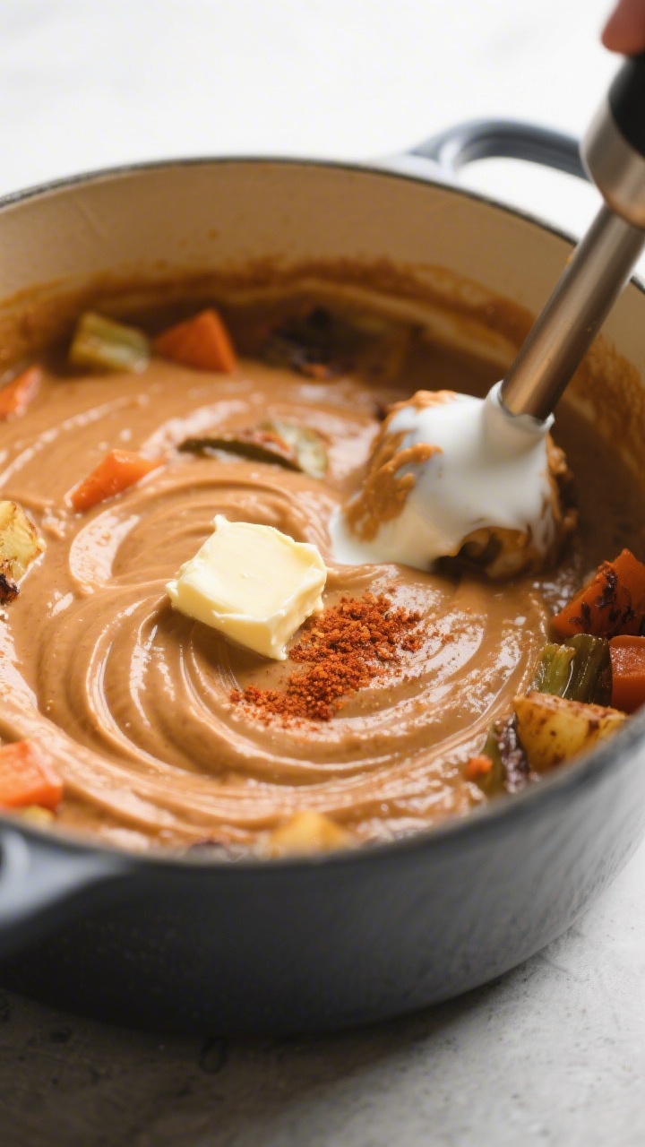 Cooking process: Immersion blender in a Dutch oven of fully simmered, roasted-sweet sauce—vegetabl