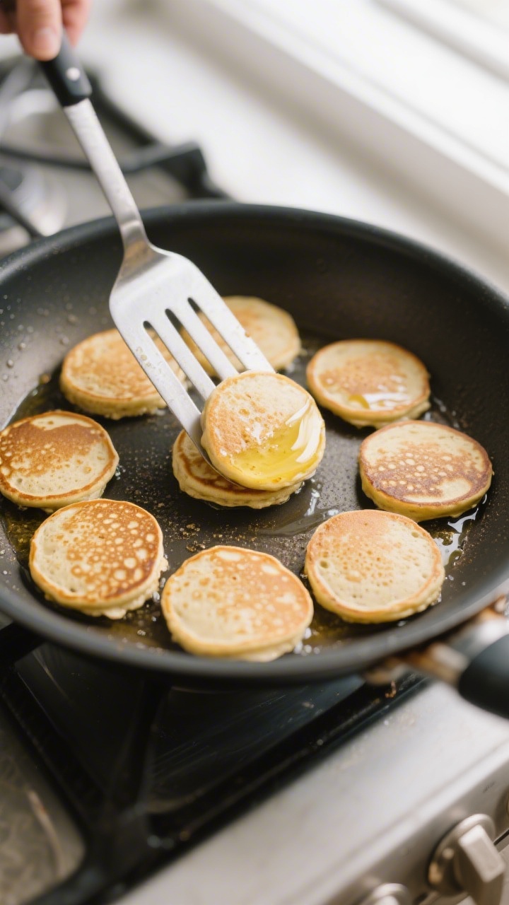 Cooking process: Mini banana oat pancakes cooking on a nonstick skillet over medium-low heat, overhe