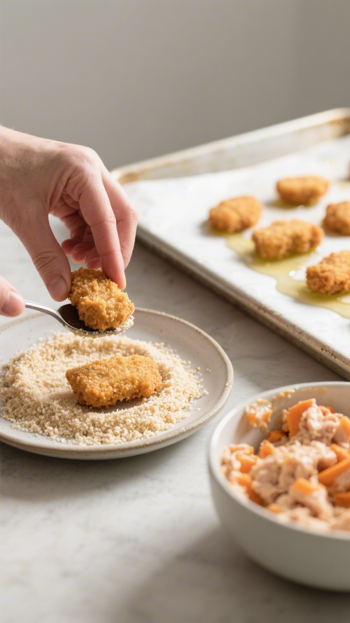 Cooking process: Nugget shaping and coating scene—tablespoon-sized portions being pressed into 1/2