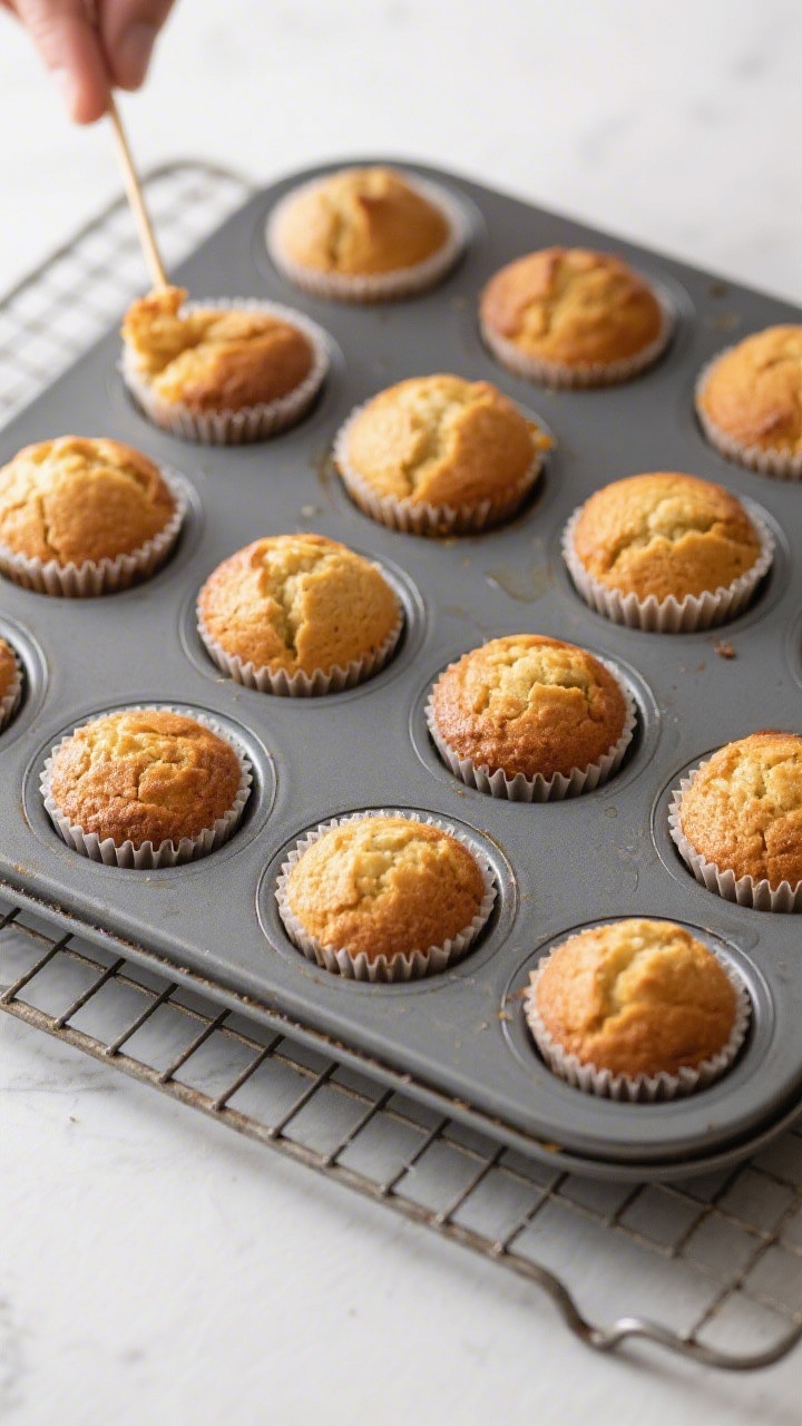 Cooking process: Overhead shot of a 12-cup muffin tin just out of the oven, golden-brown domed muffi