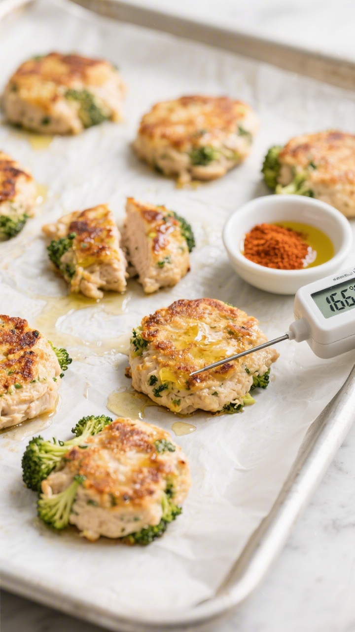 Cooking process: Overhead shot of chicken broccoli cakes mid-bake on a parchment-lined sheet pan at