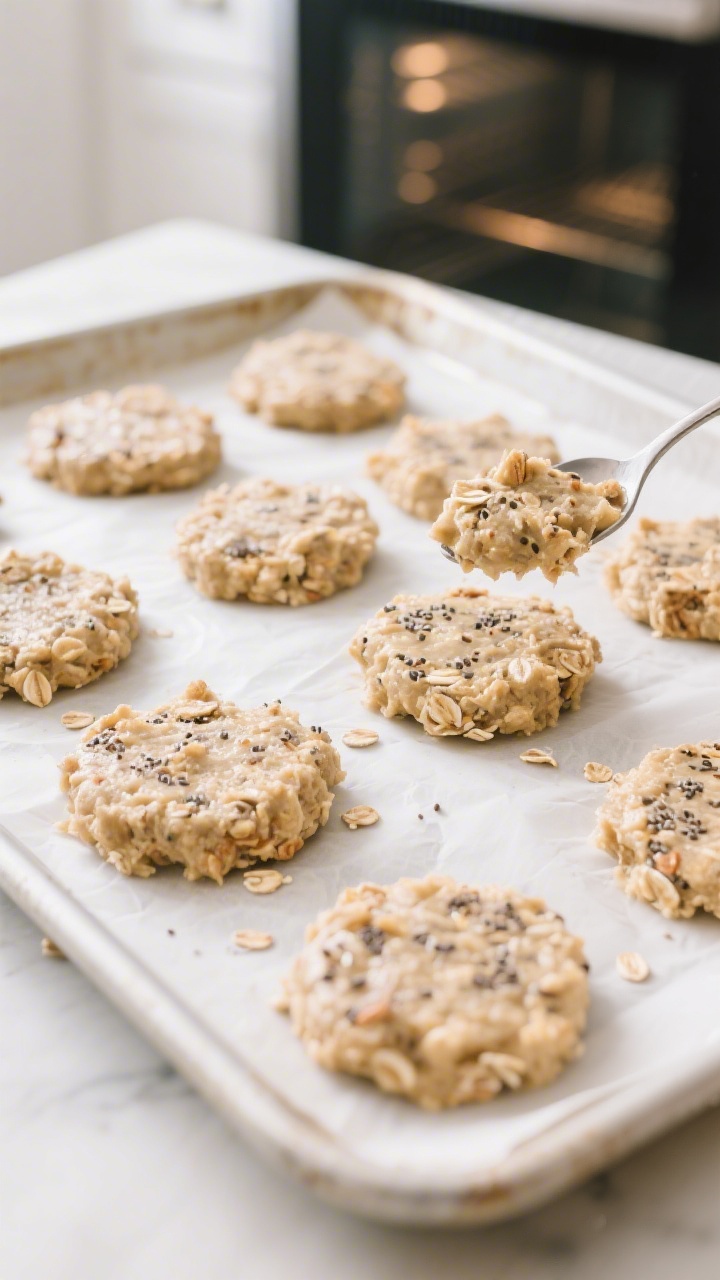 Cooking process: Overhead shot of portioned tablespoon-sized mounds of the banana-oat mixture on a p