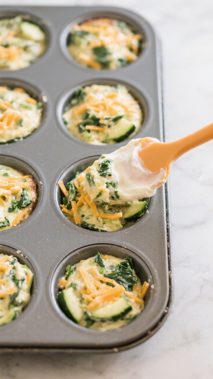Cooking process: Overhead shot of the batter being portioned into a greased mini muffin tin, showing