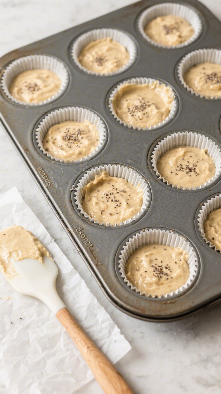Cooking process: Overhead shot of the muffin tin being filled 3/4 full with slightly lumpy banana ba
