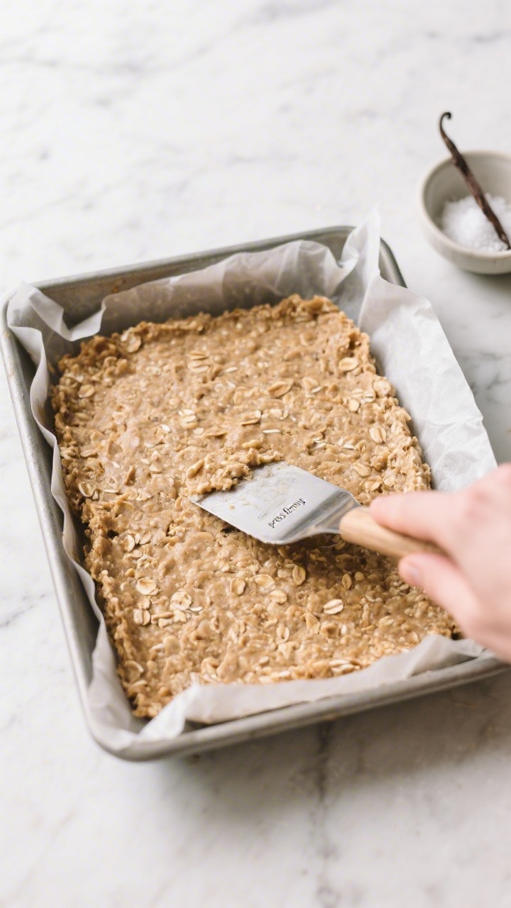 Cooking process: Overhead shot of the pressed slab of no-bake almond butter oat mixture in an 8x8 pa