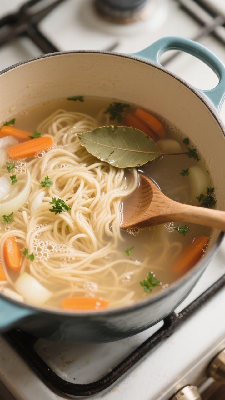Cooking process: Overhead shot of the soup gently simmering in a wide Dutch oven, noodles just turni