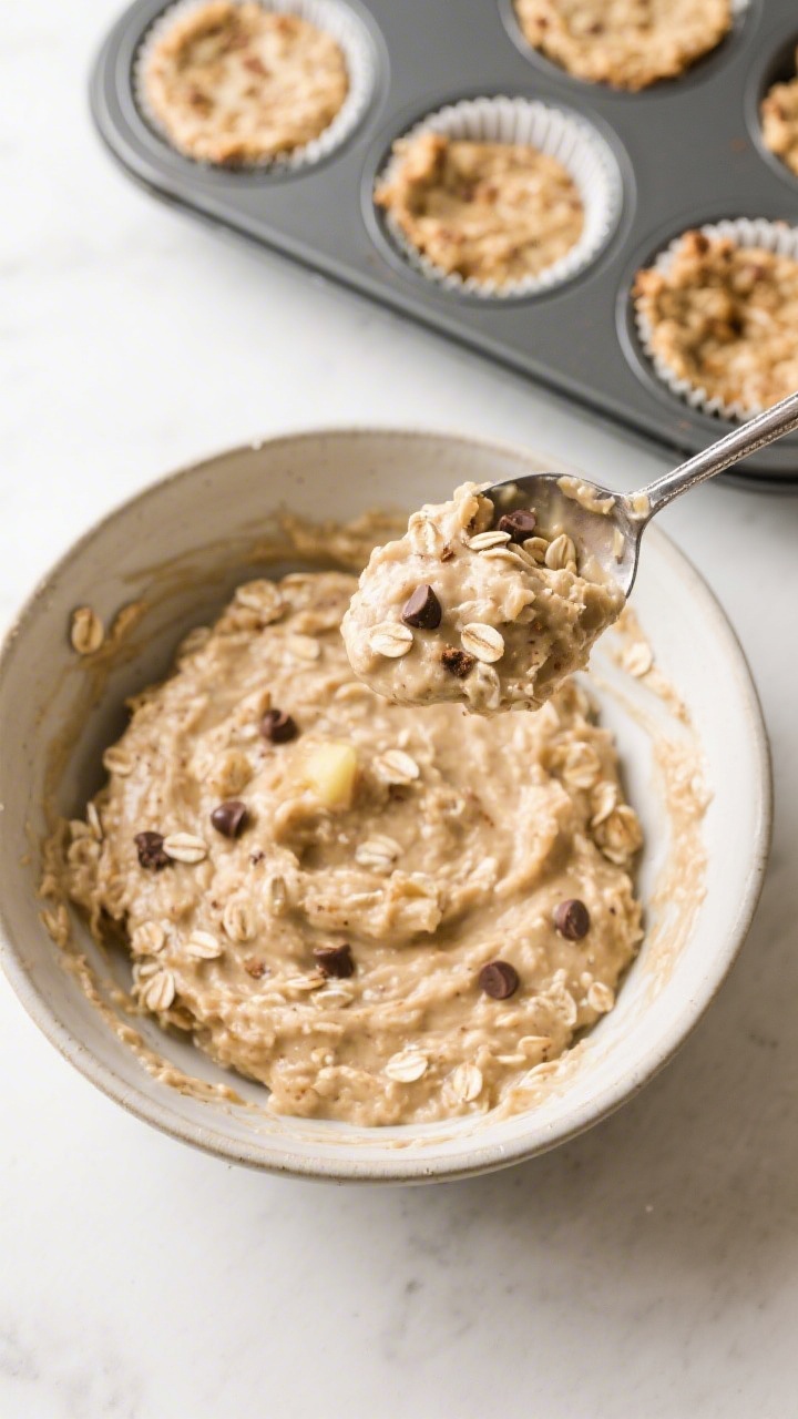 Cooking process: Overhead shot of the thick, scoopable oatmeal batter resting in a bowl after 5 minu