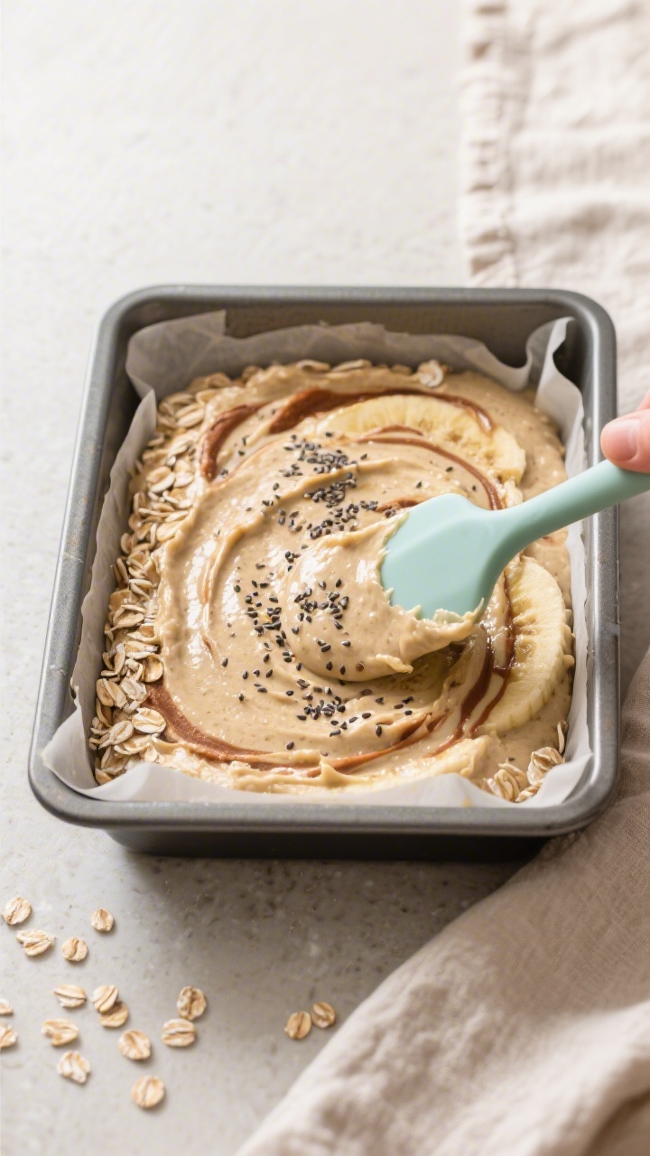 Cooking process: Overhead shot of the thick, spoonable batter being spread and leveled in a parchmen