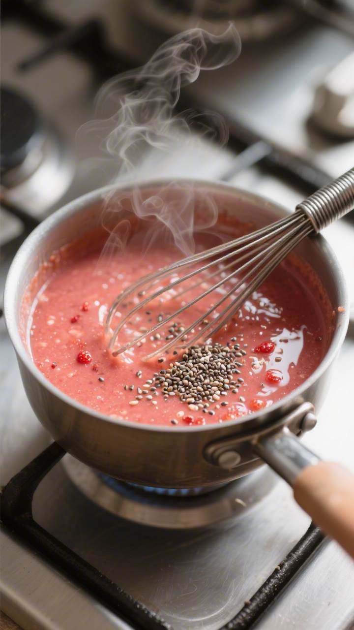 Cooking process: Overhead shot of the warm strawberry puree in a small saucepan immediately after wh
