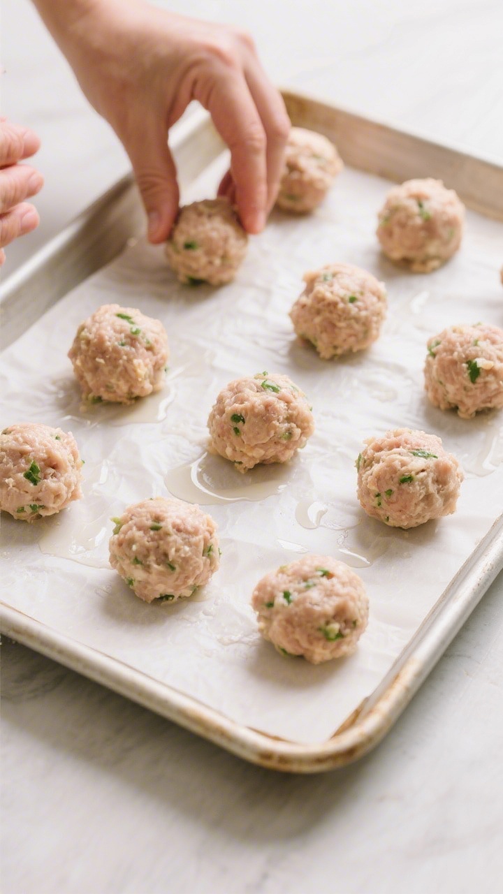 Cooking process: Overhead shot of toddler-sized chicken meatballs being portioned and arranged on a 