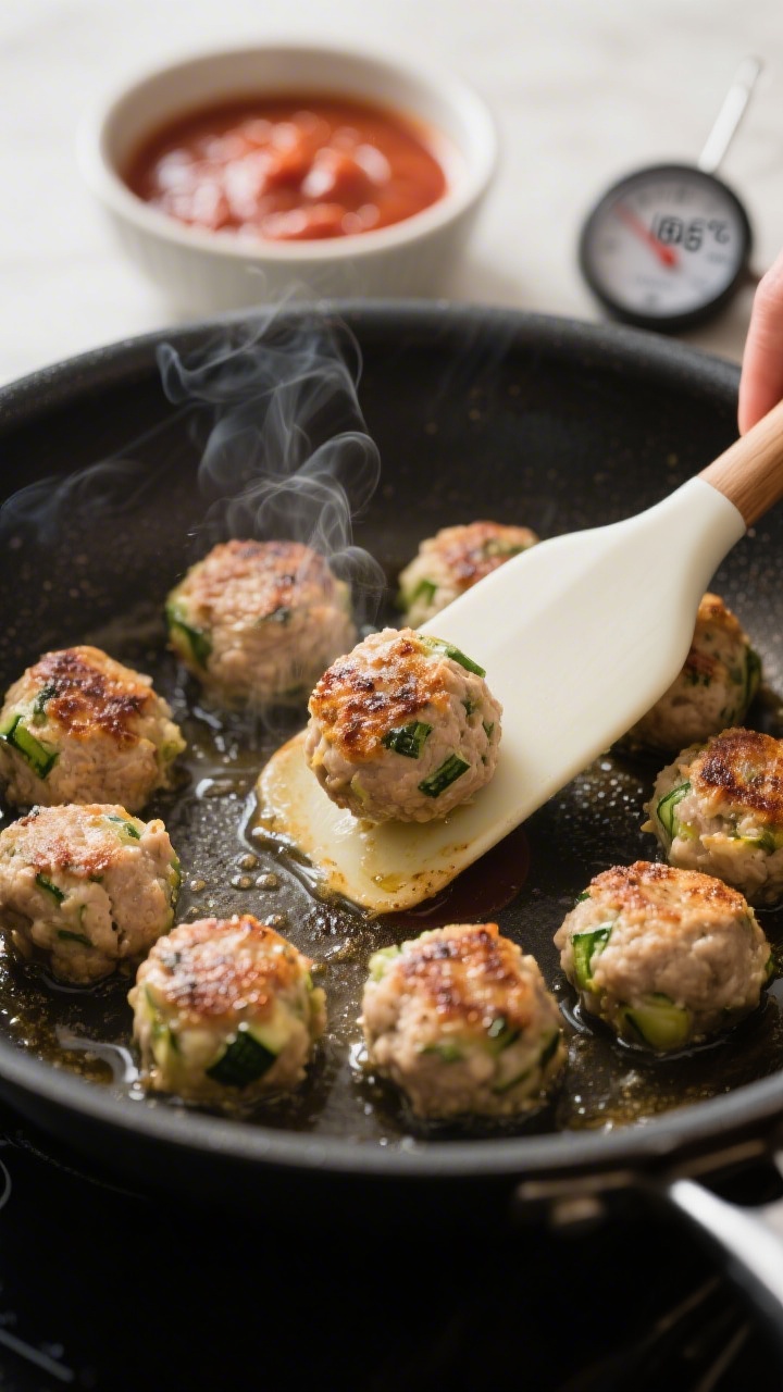 Cooking process: Pan-seared mini chicken zucchini meatballs sizzling in a nonstick skillet, gentle b