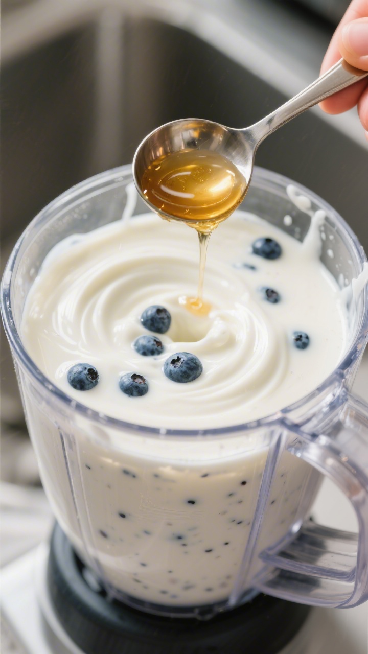 Cooking process: Professional kitchen-style action shot of the blending stage—ingredients already