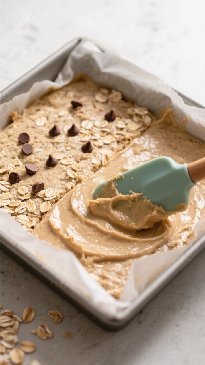 Cooking process scene: batter being evenly smoothed into an 8x8 parchment-lined pan with a spatula,