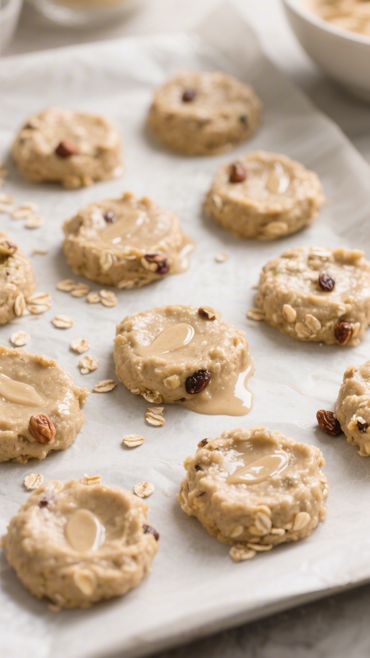 Cooking process scene: shaped mounds of banana-oat batter pressed into 1/2-inch rounds with damp spo