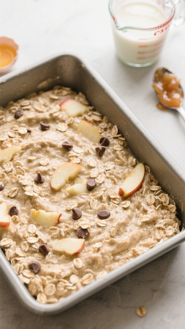 Cooking process shot: The hydrated oatmeal mixture resting in the prepared pan just before baking—
