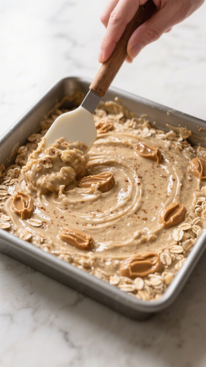 Cooking process: The thick, rested oatmeal-banana mixture being spread evenly into a greased 8x8 bak