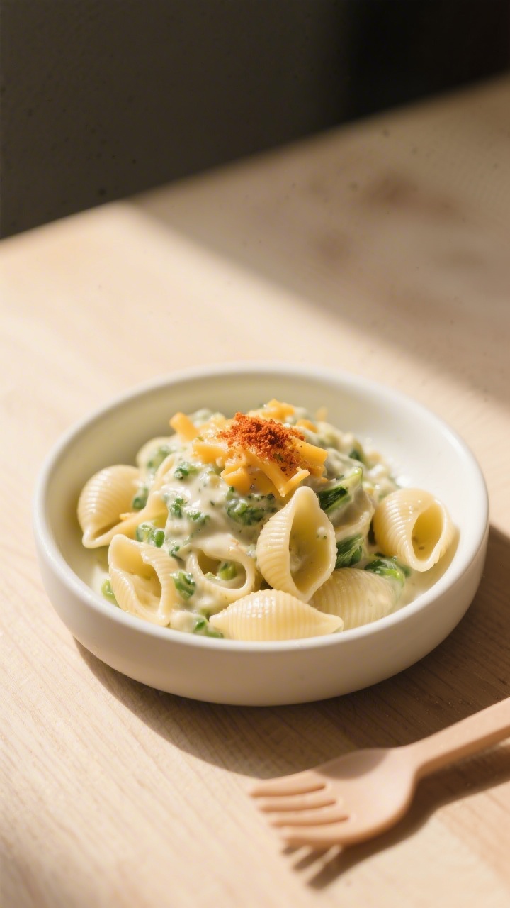 Final dish plated: Creamy hidden-veggie pasta (small shells) swirled into a cozy mound in a matte wh