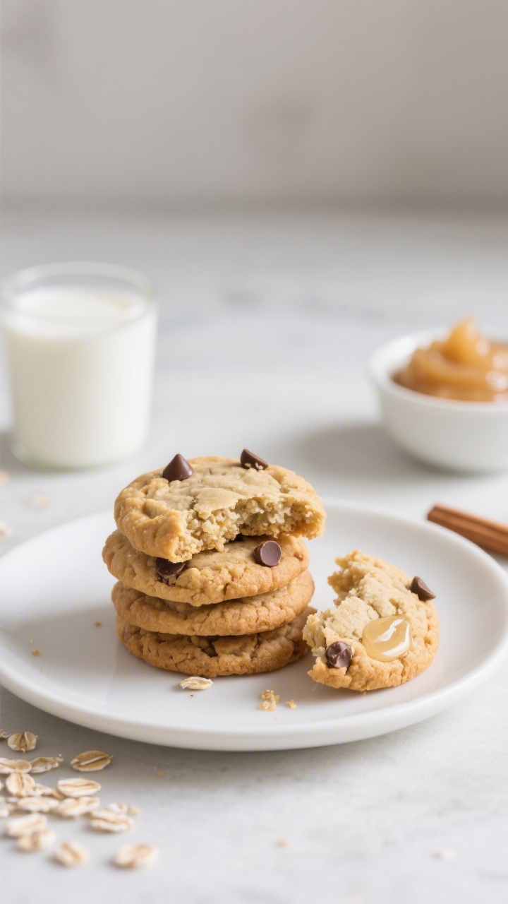 Final dish, plated presentation: A small stack of soft, golden-bottom oatmeal cookies on a simple wh