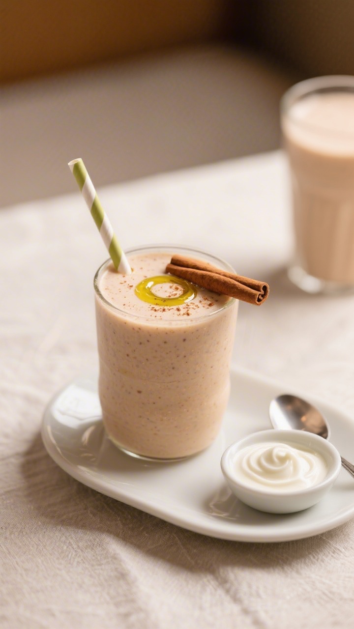 Final dish portrait: Restaurant-quality presentation of the smoothie in a squat tumbler set on a pal