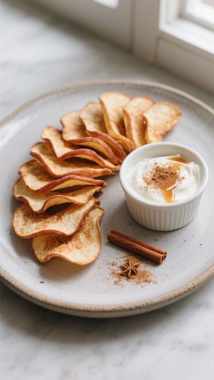 Final dish presentation: Beautifully plated baked cinnamon apple chips arranged in a neat fan on a m