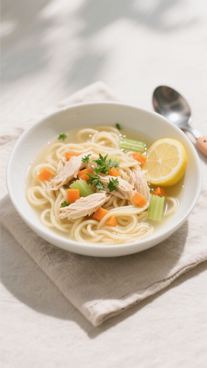 Final dish presentation: Beautifully plated bowl of toddler-friendly chicken noodle soup in a shallo