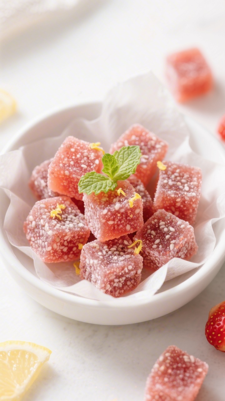 Final dish presentation: Beautifully plated Homemade Strawberry Chia Gummies cut into neat toddler-f