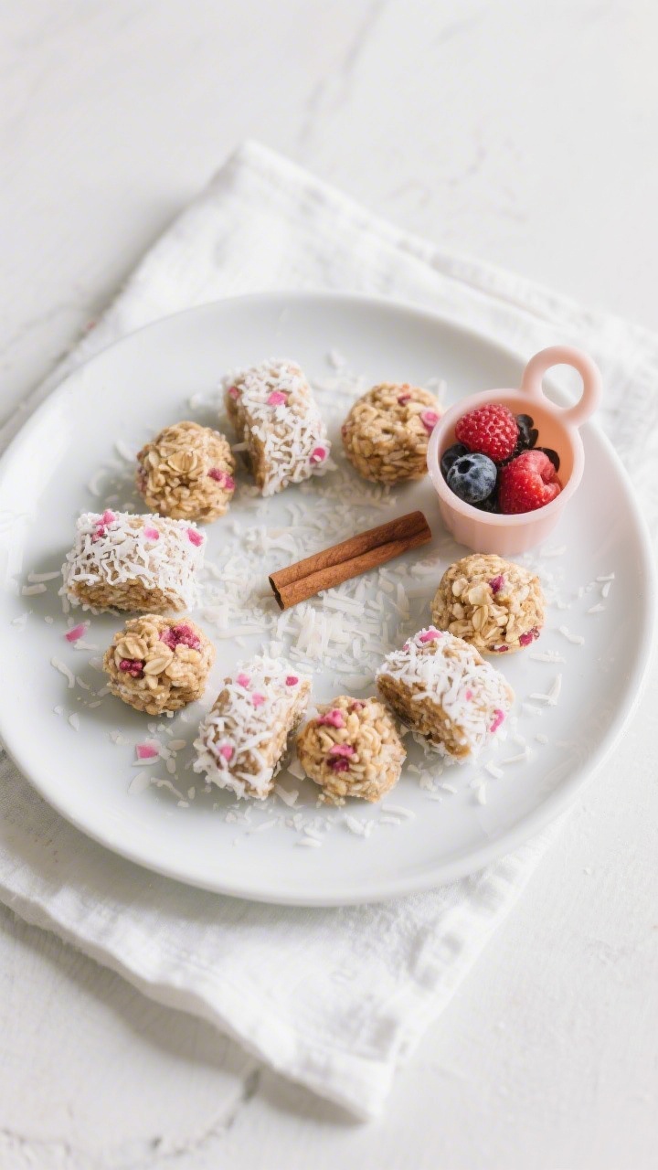 Final dish presentation: Beautifully plated no-bake oatmeal bites arranged in a neat circle on a mat