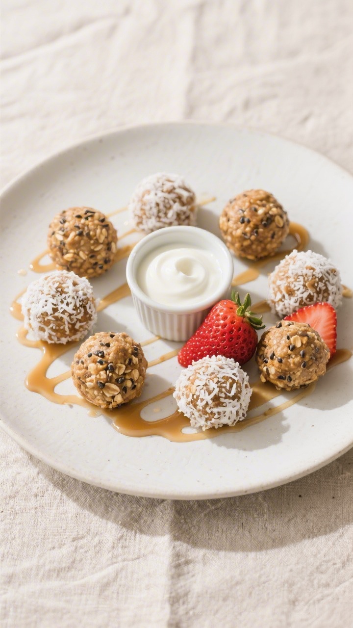 Final dish presentation: Beautifully plated no-bake peanut butter oat energy bites arranged in a nea