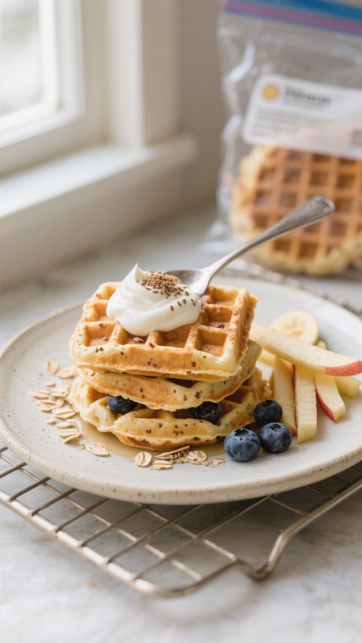 Final dish presentation: Beautifully plated stack of soft banana waffles on a pale stoneware plate,