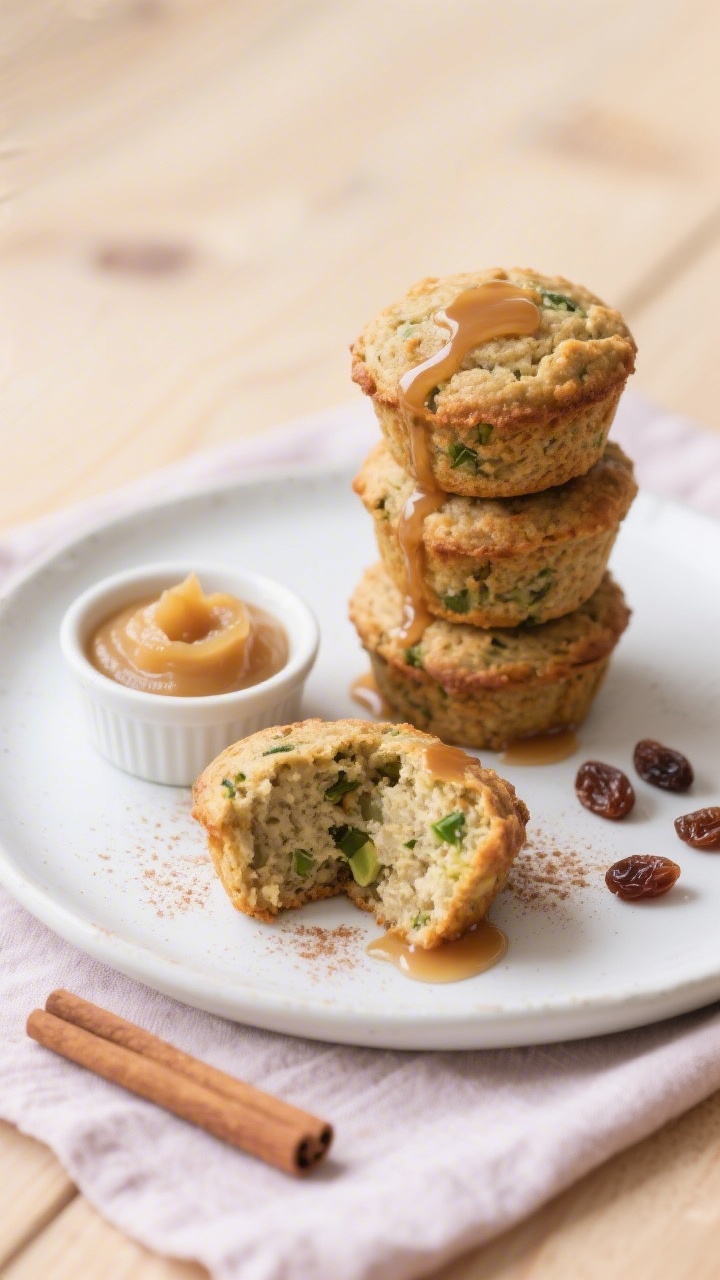 Final dish presentation: Beautifully plated stack of three Healthy Toddler Muffins on a matte white