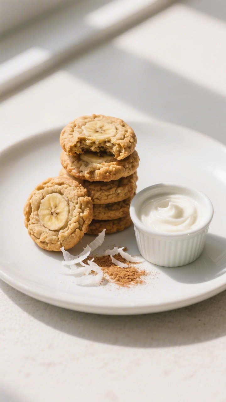 Final dish presentation: Beautifully plated stack of toddler-sized banana oat cookies on a matte whi