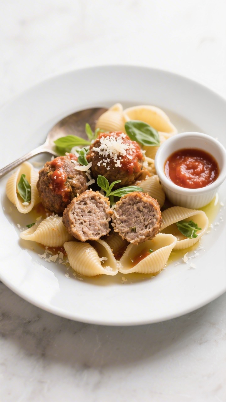 Final dish presentation: Beautifully plated toddler meatballs over soft mini pasta shells with a lig