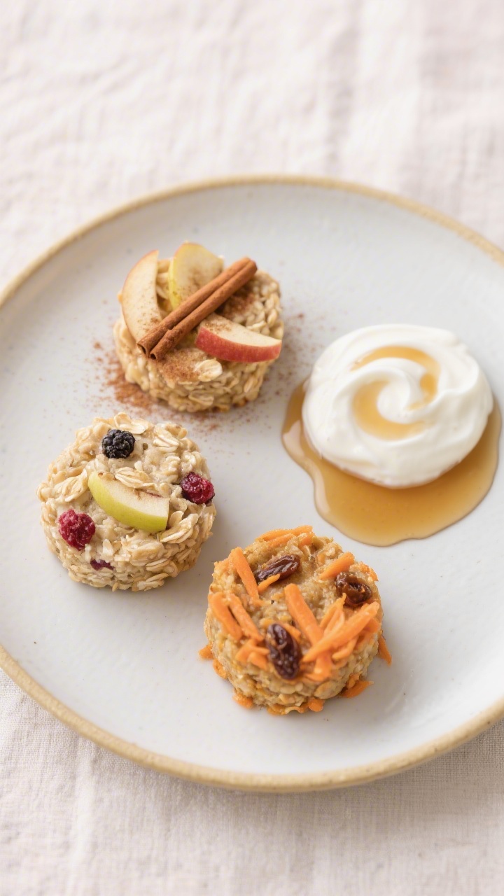 Final dish presentation: Beautifully plated trio of finished oatmeal bites—one Apple Cinnamon (wit