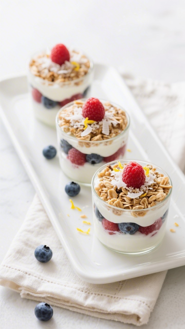 Final dish presentation: Beautifully plated trio of finished Coconut Yogurt Berry Parfaits on a whit