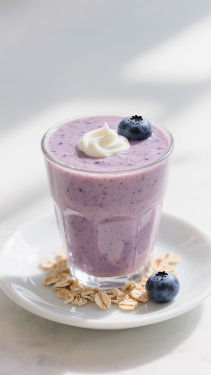 Final dish presentation: Beautifully poured blueberry toddler smoothie served in a petite glass on a