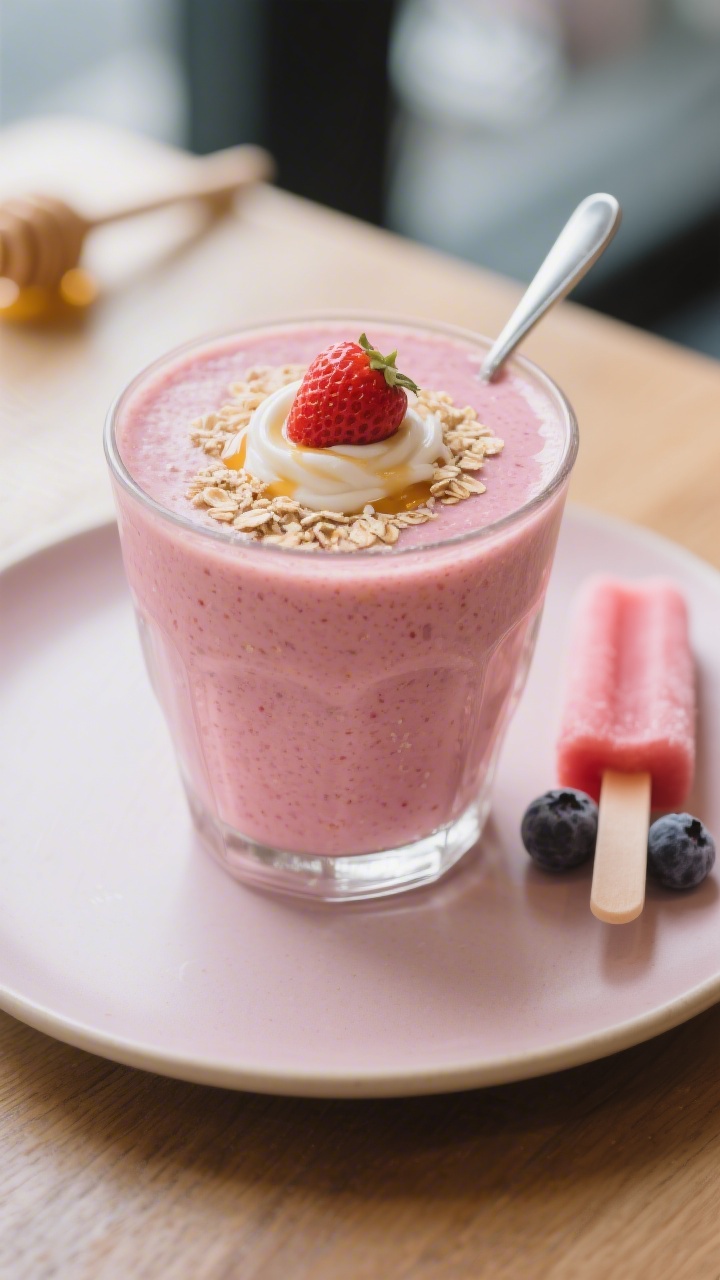 Final dish presentation: Beautifully presented “Strawberry Oat Breakfast Smoothie” variation in