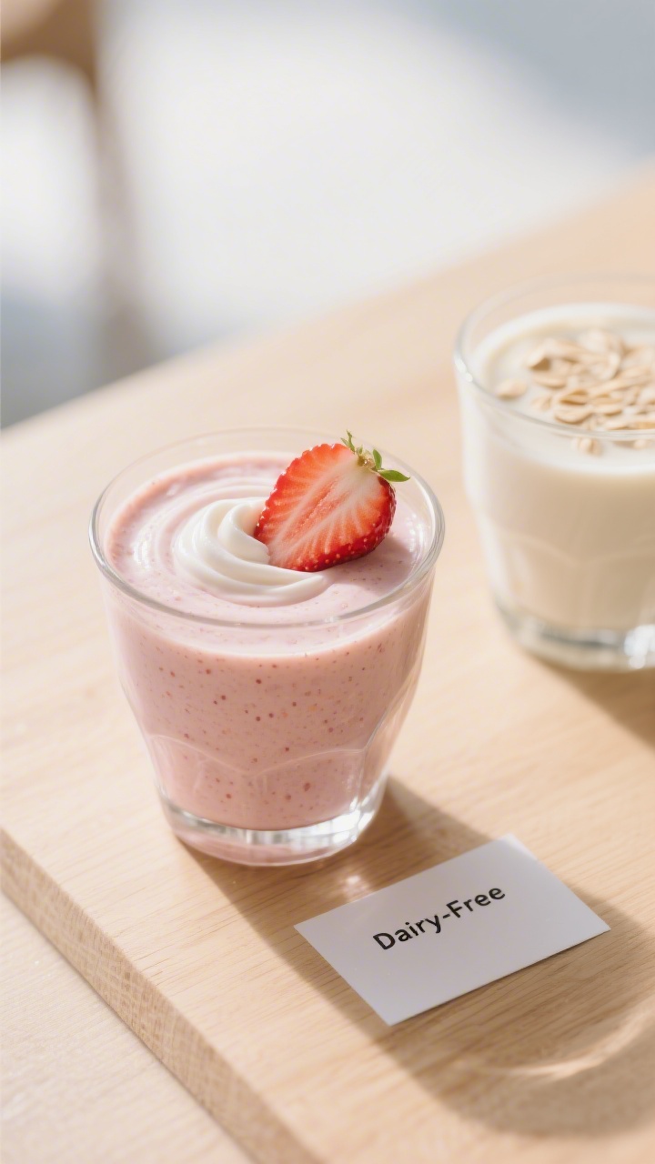 Final dish presentation: Beautifully styled strawberry toddler smoothie served thicker like a shake 