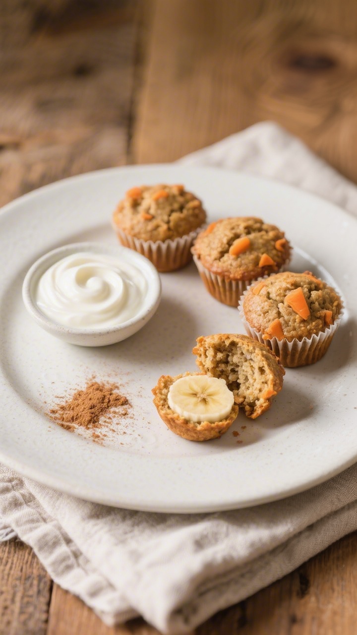 Final dish presentation: Mini banana carrot muffins arranged on a matte white plate, a small dipping