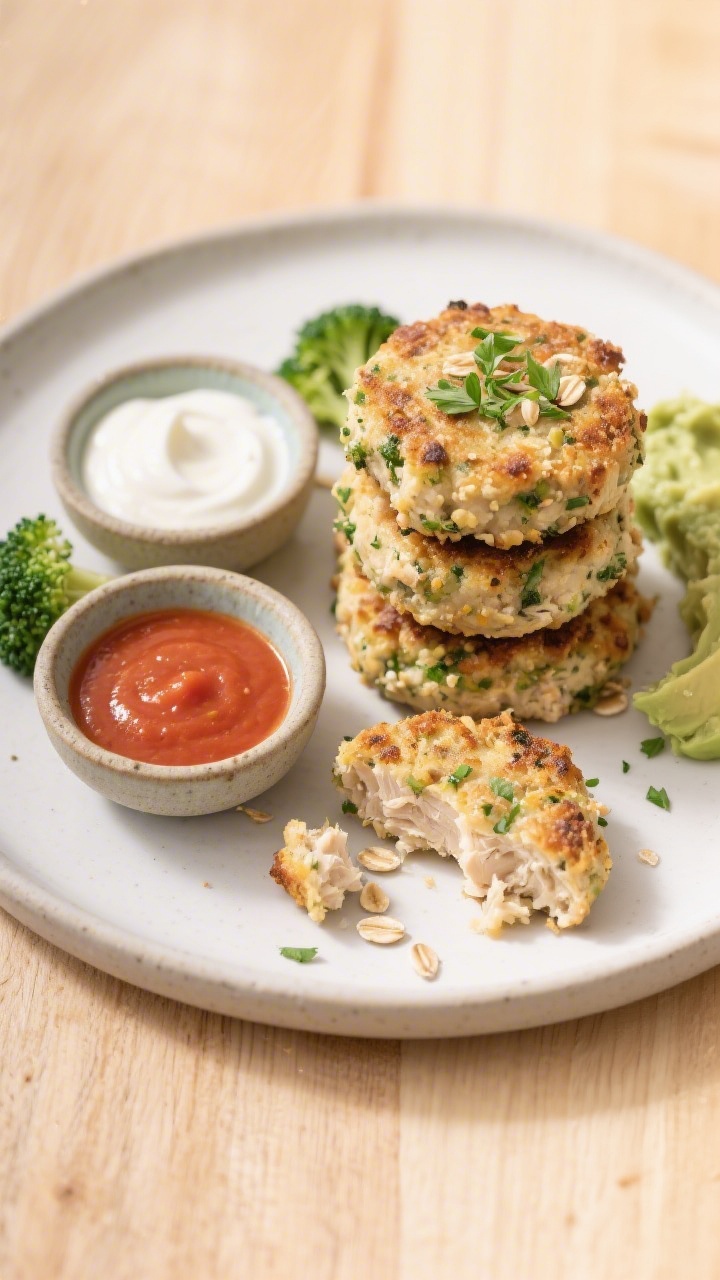 Final dish presentation: Restaurant-quality plate of toddler-friendly chicken broccoli cakes arrange