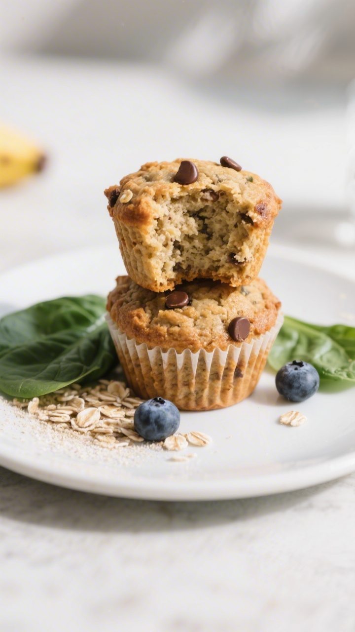 Final dish presentation: Restaurant-quality plate of standard-size banana oatmeal spinach muffins st