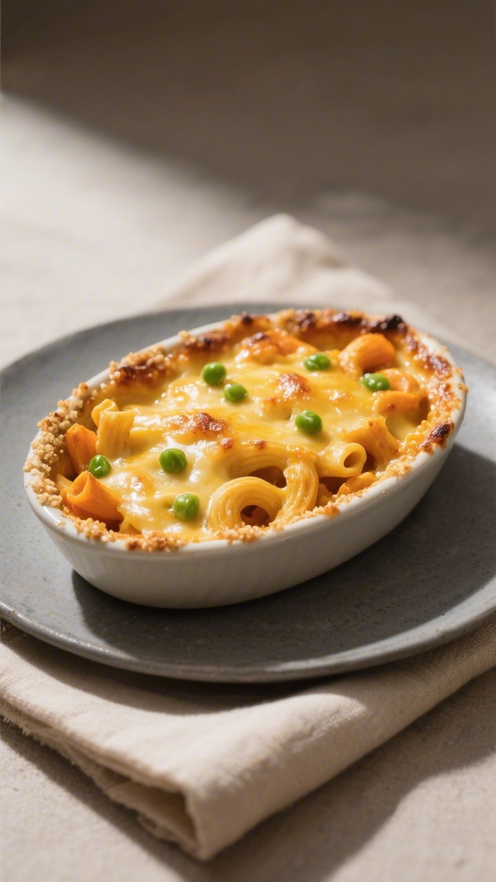 Final dish presentation: Restaurant-quality plated bake variation—sweet potato mac and cheese ligh