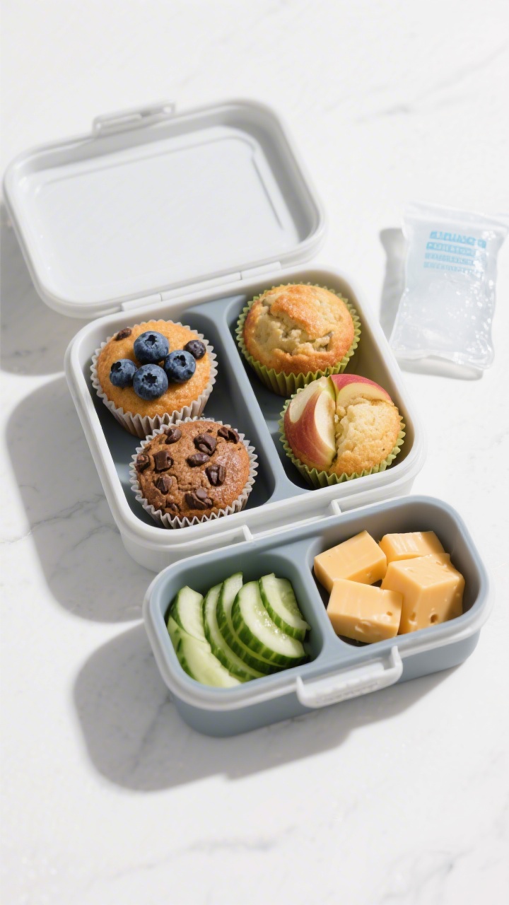 Final dish presentation: Tasty top view of assembled travel-ready snack packs—small airtight conta