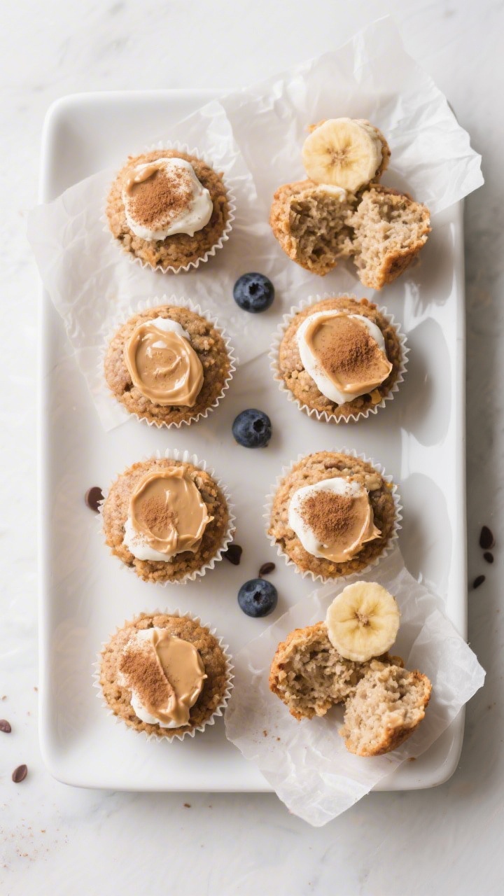 Final dish presentation: Tasty top view of mini banana muffins arranged in a neat grid on a white ce